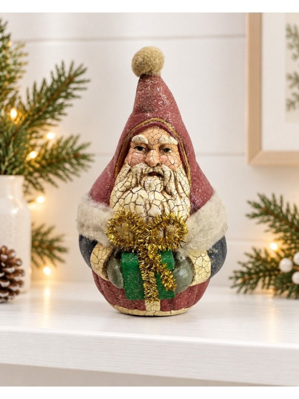 Vintage Midwest of Cannon Falls Folk Art Santa Gift Crackle Finish 7.25"
